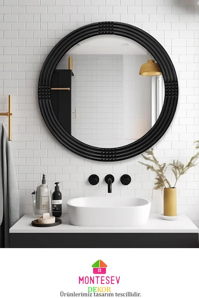 Safir Ahşap  Siyah Dekoratif Ayna Yuvarlak Ayna Işlemeli Duvar Aynası Tekli Banyo Aynası - 43 Cm - 3