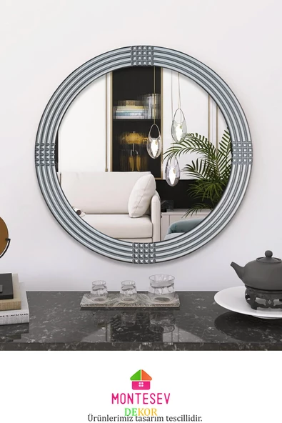 Safir Ahşap Gümüş Dekoratif Ayna Yuvarlak Ayna Işlemeli Duvar Aynası Banyo Aynası Tekli - 56 Cm - 2
