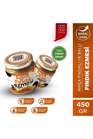 Bi Fındık Doğal Ballı Fındık Ezmesi Katkısız Atıştırmalık Kahvaltılık Sürülebilir 1.kalite 450gr Cam Kavanoz