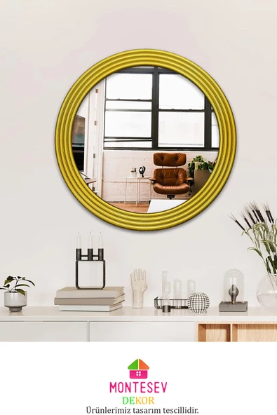 Zümrüt Ahşap  Gold Dekoratif Ayna Yuvarlak Ayna Işlemeli Banyo Aynası Duvar Aynası Tekli - 69 Cm - 2