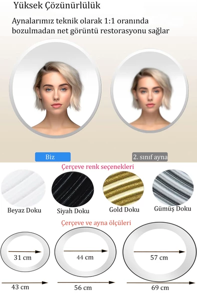 Zümrüt Ahşap  Gold Dekoratif Ayna Yuvarlak Ayna Işlemeli Banyo Aynası Duvar Aynası Tekli - 69 Cm - 8
