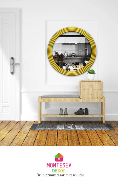 Zümrüt Ahşap  Gold Dekoratif Ayna Yuvarlak Ayna Işlemeli Banyo Aynası Duvar Aynası Tekli - 69 Cm - 4