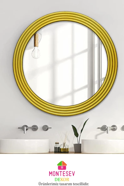 Zümrüt Ahşap  Gold Dekoratif Ayna Yuvarlak Ayna Işlemeli Banyo Aynası Duvar Aynası Tekli - 56 Cm
