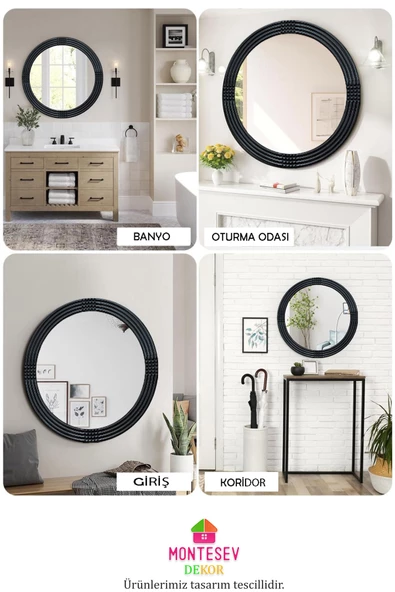 Safir Ahşap  Siyah Dekoratif Ayna Yuvarlak Ayna Işlemeli Duvar Aynası Banyo Aynası Tekli - 56 Cm - 5