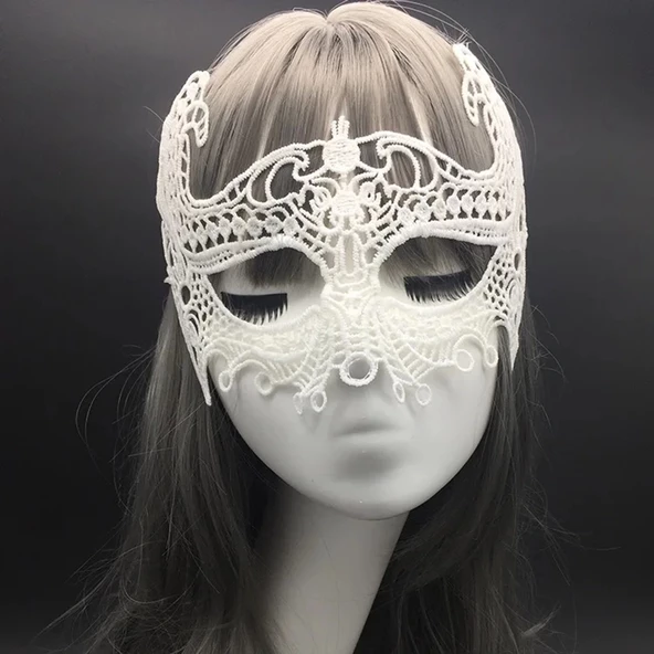 Beyaz Renk Dantel Kesim Dantel İşlemeli Balo Parti Maskesi 1 No - Resim 4