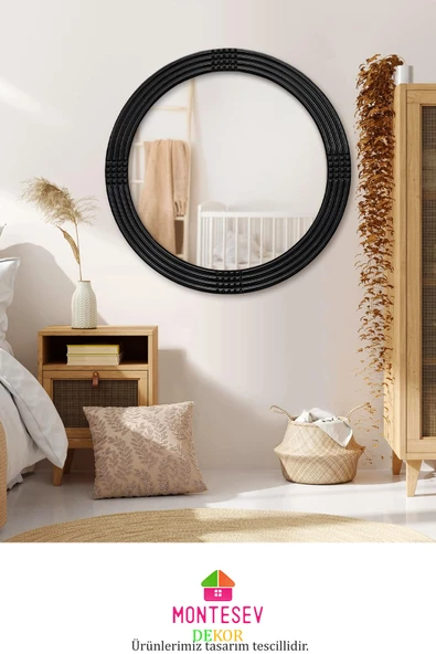 Safir Ahşap  Siyah Dekoratif Ayna Yuvarlak Ayna Işlemeli Duvar Aynası Banyo Aynası Tekli - 56 Cm - 4