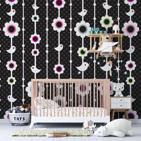 Kuşlu Çiçekli Çocuk Odası Duvar Kağıdı Baskı - Resim 3
