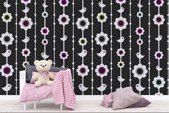 Kuşlu Çiçekli Çocuk Odası Duvar Kağıdı Baskı - Resim 5