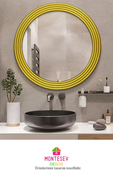 Zümrüt Ahşap  Gold Dekoratif Ayna Yuvarlak Ayna Işlemeli Banyo Aynası Duvar Aynası Tekli - 43 Cm - 3