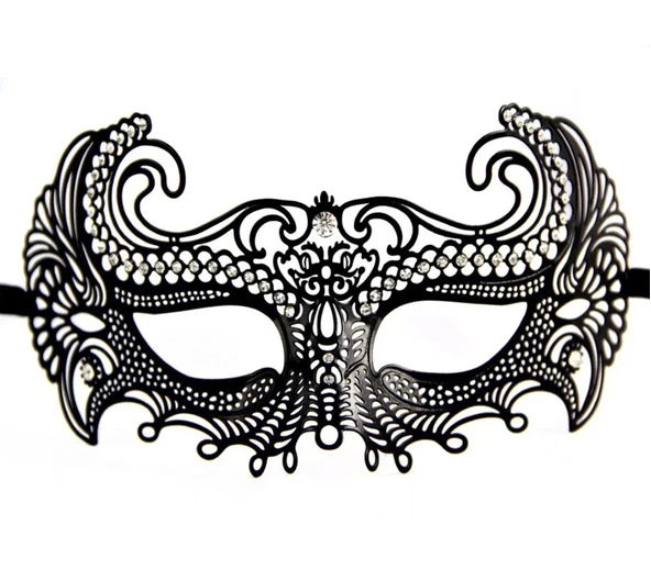 Siyah Renk Lazer Kesim Üzeri Kristal Taşlı Metal Balo Parti Venedik Maskesi ürün görseli