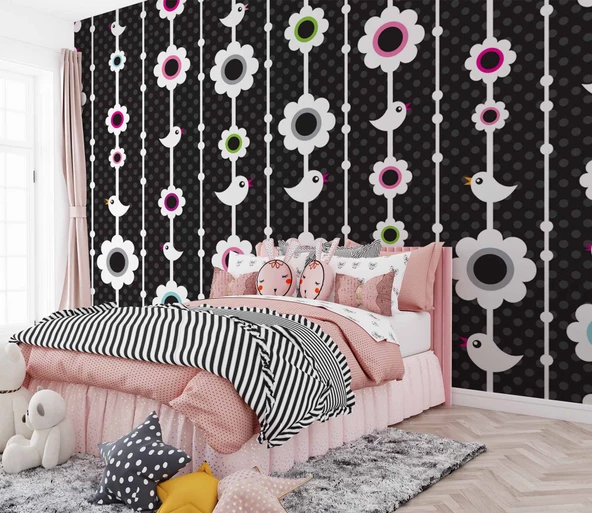Kuşlu Çiçekli Çocuk Odası Duvar Kağıdı Baskı - Resim 2