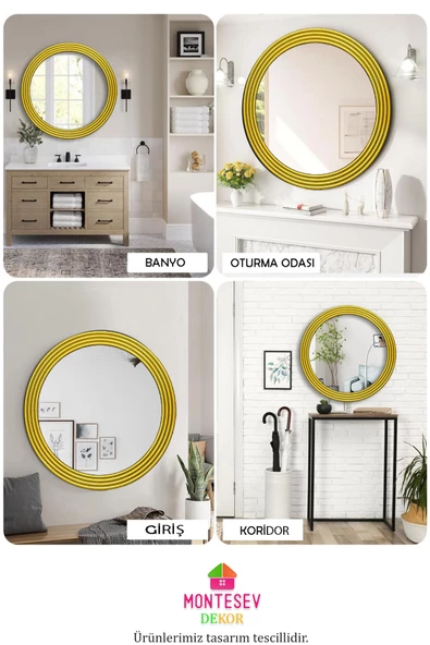 Zümrüt Ahşap  Gold Dekoratif Ayna Yuvarlak Ayna Işlemeli Banyo Aynası Duvar Aynası Tekli - 69 Cm - 5