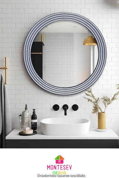 Zümrüt Ahşap Gümüş Dekoratif Ayna Yuvarlak Ayna Işlemeli Banyo Aynası Duvar Aynası Tekli - 56 Cm - 3