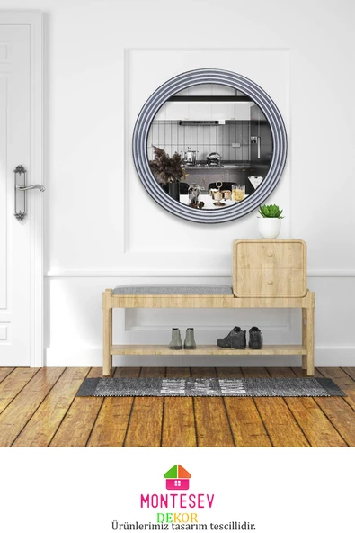 Zümrüt Ahşap Gümüş Dekoratif Ayna Yuvarlak Ayna Işlemeli Banyo Aynası Duvar Aynası Tekli - 56 Cm - 4