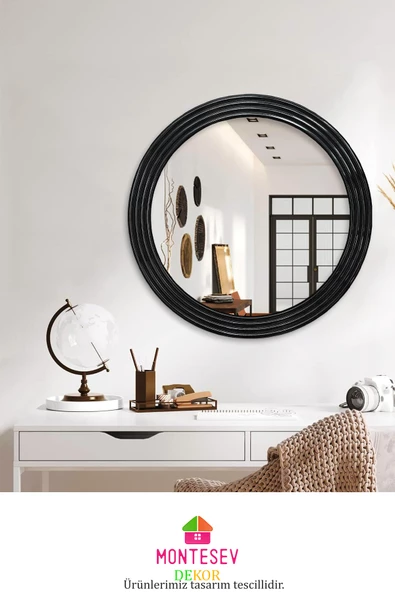 Zümrüt Ahşap Siyah Dekoratif Ayna Yuvarlak Ayna Işlemeli Banyo Aynası Duvar Aynası Tekli - 69 Cm - Resim 2