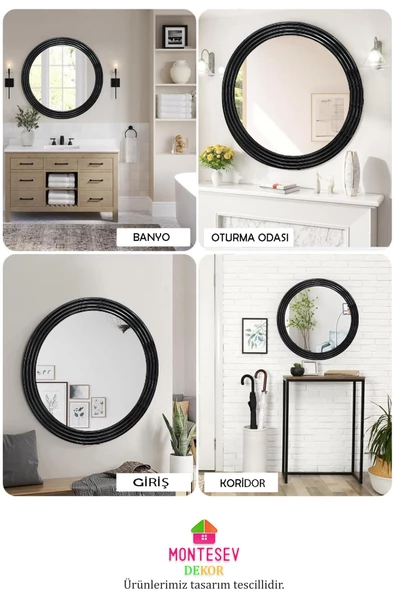 Zümrüt Ahşap Siyah Dekoratif Ayna Yuvarlak Ayna Işlemeli Banyo Aynası Duvar Aynası Tekli - 69 Cm - Resim 5