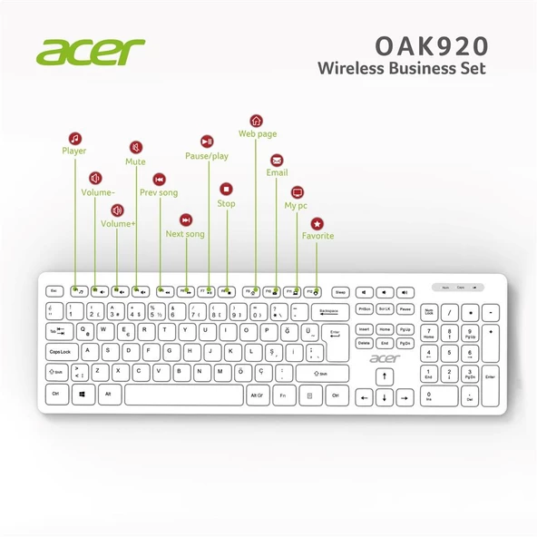 Acer OAK-920  Beyaz Kablosuz Sessiz Tuşlu  2.4Ghz Klavye Moue Set Beyaz (Mouse 1200Dpı) - 2