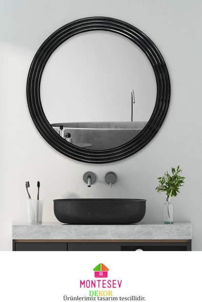 Zümrüt Ahşap Siyah Dekoratif Ayna Yuvarlak Ayna Işlemeli Banyo Aynası Duvar Aynası Tekli - 69 Cm - Resim 3