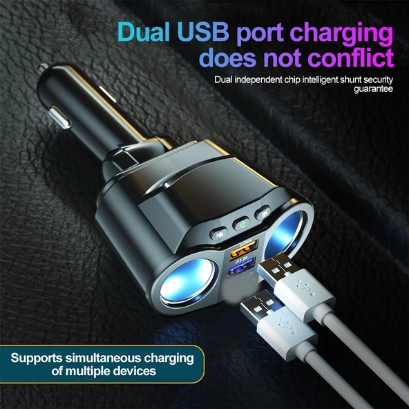 2 Portlu Usb Şarj 2 Port Çakmak Çoklayıcı Oynar Başlıklı Çakmak Şarj 12-24V - 5