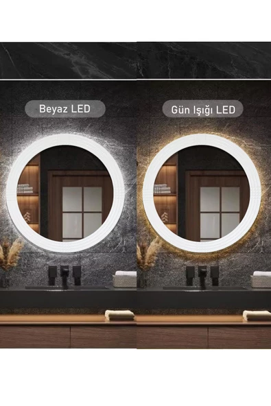 Led'li Işıklı Safir Ahşap  Beyaz Dekoratif Ayna Yuvarlak Ayna İşlemeli Duvar Aynası Tekli - 56 Cm - 3