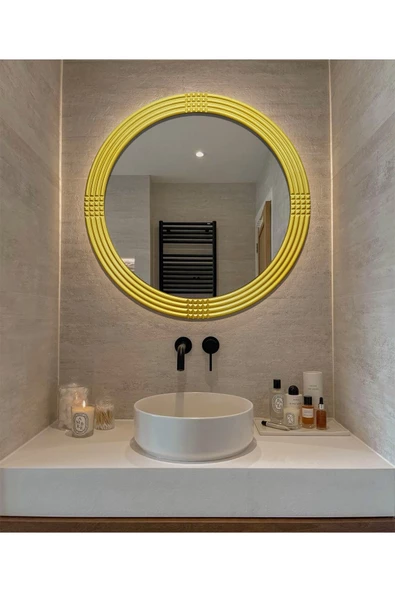 Led'li Işıklı Safir Ahşap Gold Dekoratif Ayna Yuvarlak Ayna İşlemeli Duvar Aynası Tekli - 56 Cm - 2