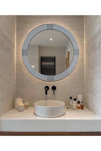 Led'li Işıklı Safir Ahşap Gümüş Dekoratif Ayna Yuvarlak Ayna İşlemeli Duvar Aynası Tekli - 56 Cm - 2