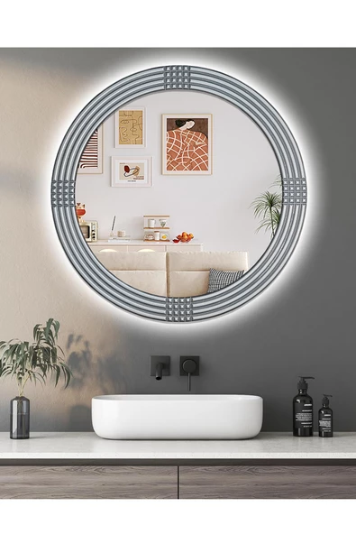 Led'li Işıklı Safir Ahşap Gümüş Dekoratif Ayna Yuvarlak Ayna İşlemeli Duvar Aynası Tekli - 56 Cm