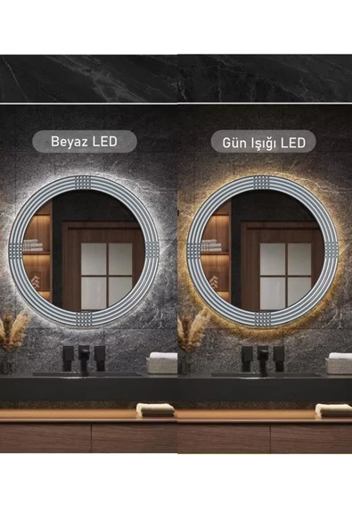 Led'li Işıklı Safir Ahşap Gümüş Dekoratif Ayna Yuvarlak Ayna İşlemeli Duvar Aynası Tekli - 56 Cm - 3