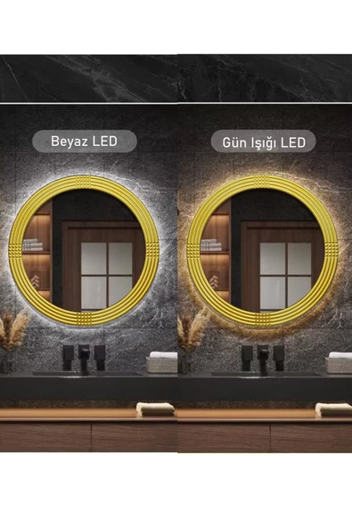 Led'li Işıklı Safir Ahşap Gold Dekoratif Ayna Yuvarlak Ayna İşlemeli Duvar Aynası Tekli - 69 Cm - 3