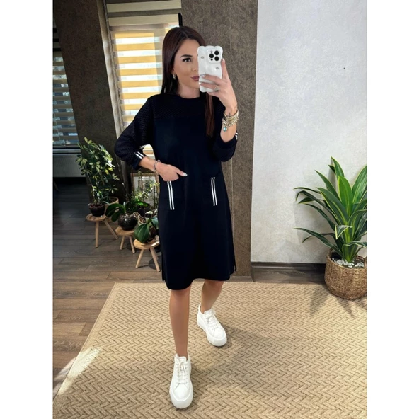 Lucky Life Kadın Viskon Pamuklu Kumaş Kol File , şerit Ve Cep Detaylı Elbise - 9