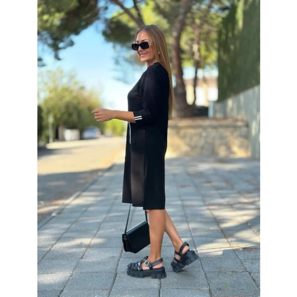 Lucky Life Kadın Viskon Pamuklu Kumaş Kol File , şerit Ve Cep Detaylı Elbise