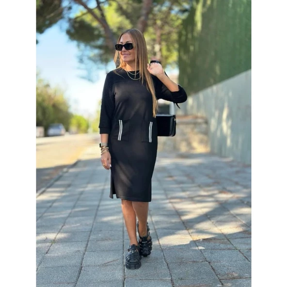 Lucky Life Kadın Viskon Pamuklu Kumaş Kol File , şerit Ve Cep Detaylı Elbise - 3