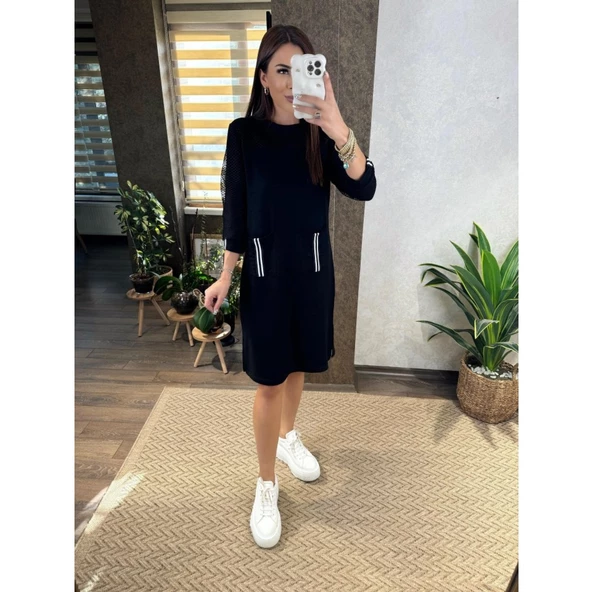 Lucky Life Kadın Viskon Pamuklu Kumaş Kol File , şerit Ve Cep Detaylı Elbise - 8