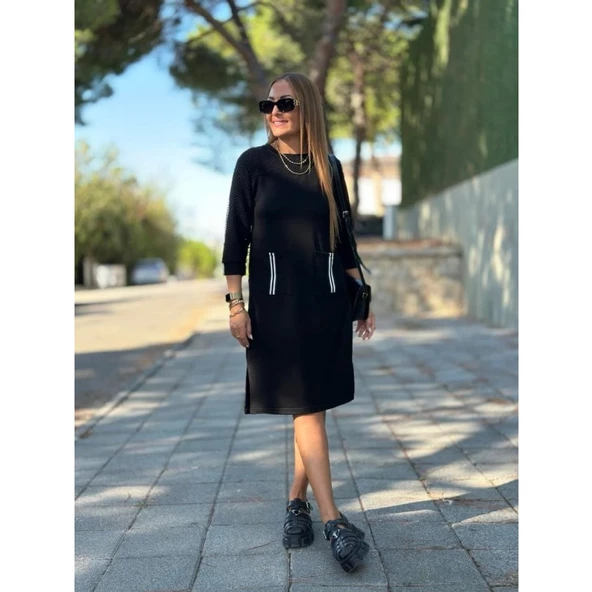 Lucky Life Kadın Viskon Pamuklu Kumaş Kol File , şerit Ve Cep Detaylı Elbise - 2