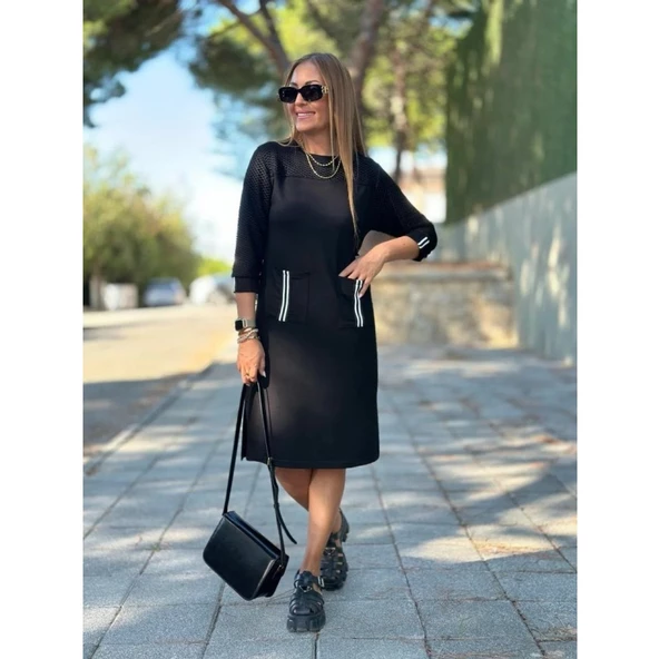 Lucky Life Kadın Viskon Pamuklu Kumaş Kol File , şerit Ve Cep Detaylı Elbise - 4