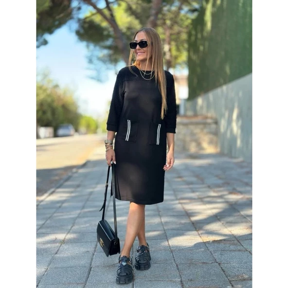 Lucky Life Kadın Viskon Pamuklu Kumaş Kol File , şerit Ve Cep Detaylı Elbise - 5