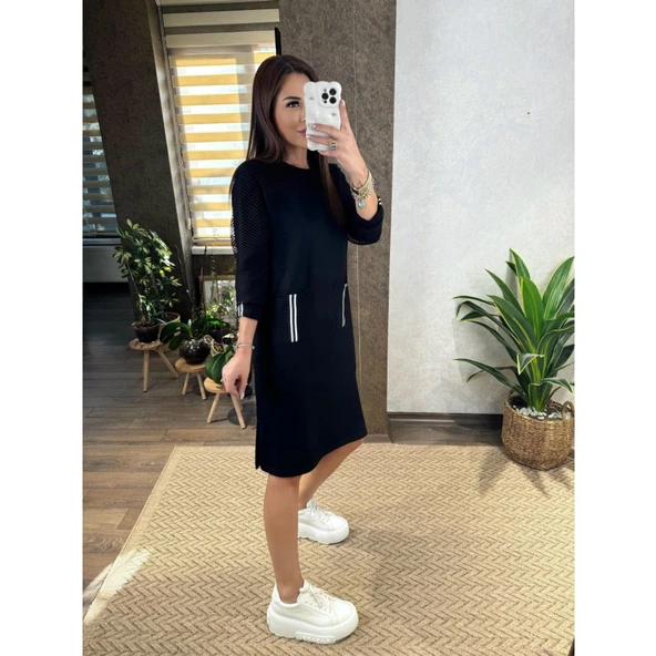 Lucky Life Kadın Viskon Pamuklu Kumaş Kol File , şerit Ve Cep Detaylı Elbise - 7