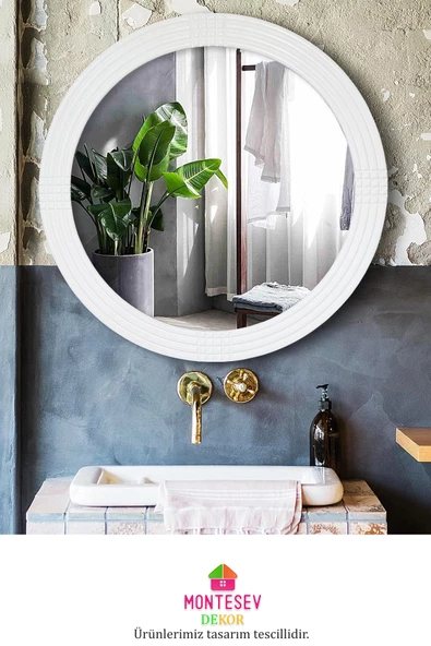 Safir Ahşap Beyaz Dekoratif Ayna Yuvarlak Ayna Işlemeli Duvar Aynası Banyo Aynası Ikili / 56 - 43 Cm - 4