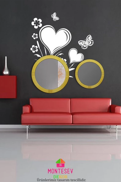 Safir Ahşap Gold Dekoratif Ayna Yuvarlak Ayna Işlemeli Duvar Aynası Banyo Aynası Ikili / 69 - 56 Cm - 3