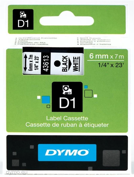 DYMO S0720780 D1 Yedek Şerit, 6 mm x 7 mt, Beyaz- Siyah (43613)