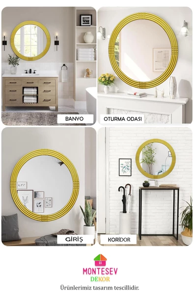 Safir Ahşap Gold Dekoratif Ayna Yuvarlak Ayna Işlemeli Banyo Aynası Duvar Aynası Ikili / 56 - 43 Cm - 5