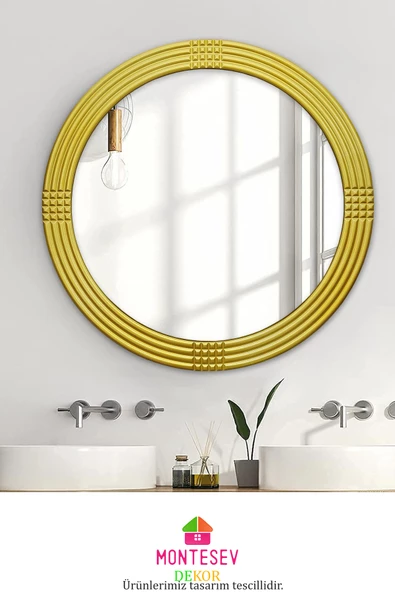 Safir Ahşap Gold Dekoratif Ayna Yuvarlak Ayna Işlemeli Duvar Aynası Banyo Aynası Ikili / 69 - 56 Cm - 4