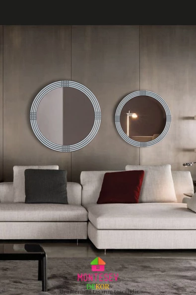 Safir Ahşap Gümüş Dekoratif Ayna Yuvarlak Ayna Işlemeli Duvar Aynası Banyo Aynası Ikili / 69 - 56 Cm - 3