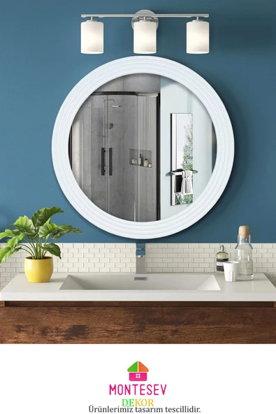 Zümrüt Ahşap Beyaz Dekoratif Ayna Yuvarlak Ayna Işlemeli Banyo Aynası Duvar Aynası Ikili  69 - 56 Cm - 2