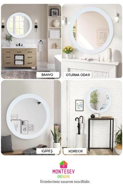 Zümrüt Ahşap Beyaz Dekoratif Ayna Yuvarlak Ayna Işlemeli Banyo Aynası Duvar Aynası Ikili  69 - 56 Cm - 5