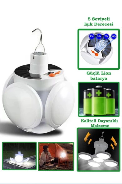 QASUL 5 Led'li 3 Farklı Işık Modlu Açılıp Kapanabilir Led Kanatlı Güneş Enerjili Solar Aydınlatma Asılabilir Kamp Feneri - 2