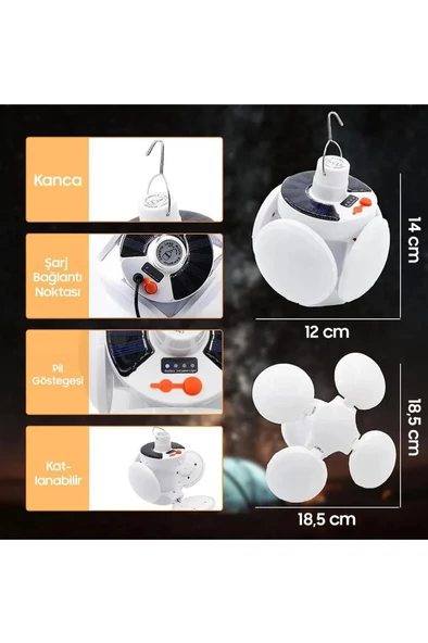 QASUL 5 Led'li 3 Farklı Işık Modlu Açılıp Kapanabilir Led Kanatlı Güneş Enerjili Solar Aydınlatma Asılabilir Kamp Feneri - 3