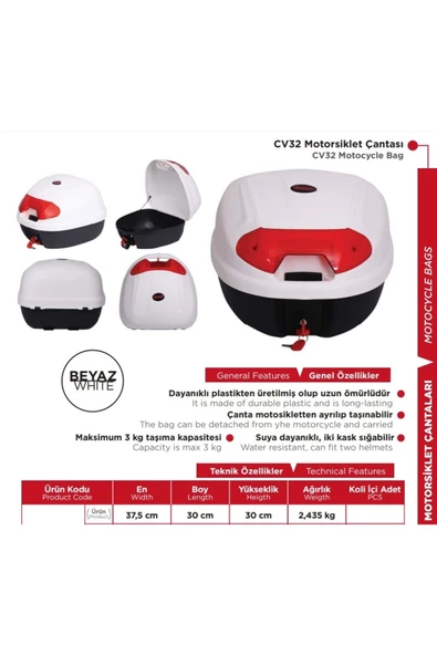 arwic Arwic Motosiklet Çanta 33 Lt Beyaz Renk Kızaklı Full Aparatlı - Resim 2
