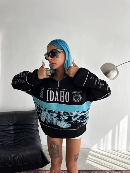 Kadın Yarım Fermuarlı Oversize Baskılı SweatShirt - Siyah