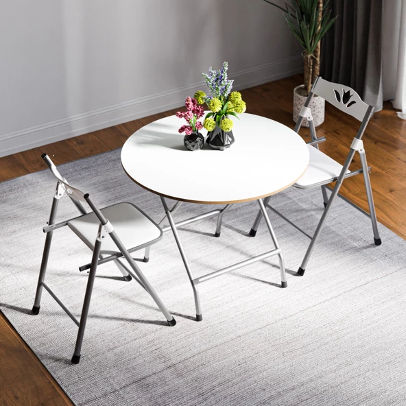 Eportatif Katlanır Masa ve 2 Adet Sandalye Seti Beyaz 1457 - Resim 2